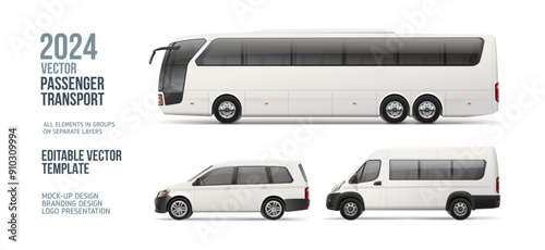 Modern Passenger Van, Coach Bus Side view blank mockup. White Bus with space for text or your branding design - realistic editable vector template. Horizontal blank for banner and advertesment