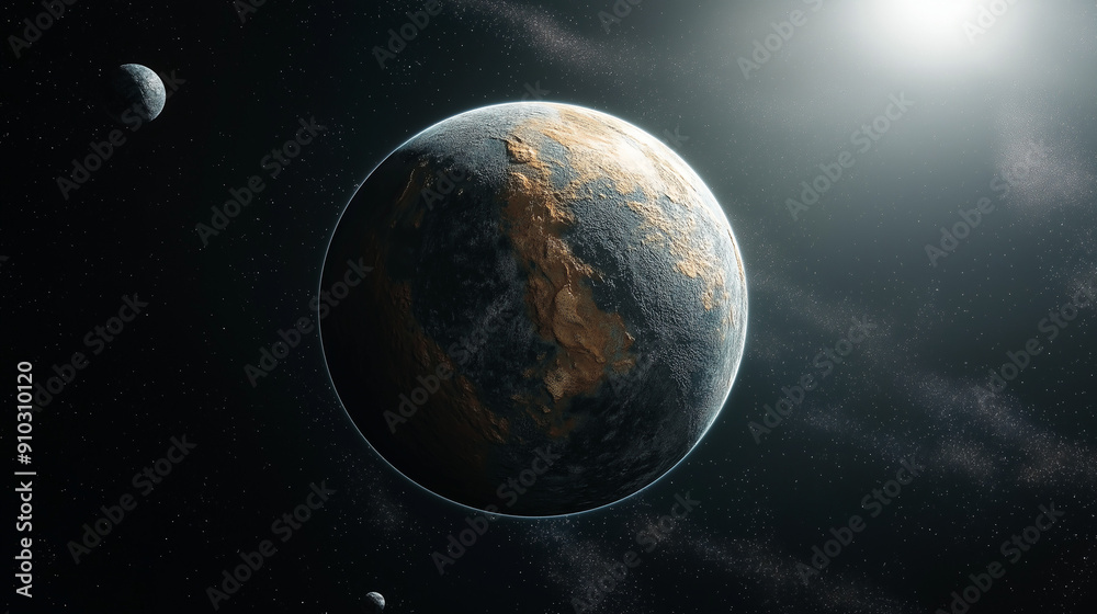 Fototapeta premium This image showcases a detailed view of an Earth-like planet with landmasses and oceans, captured in deep space with a distant star illuminating the scene.
