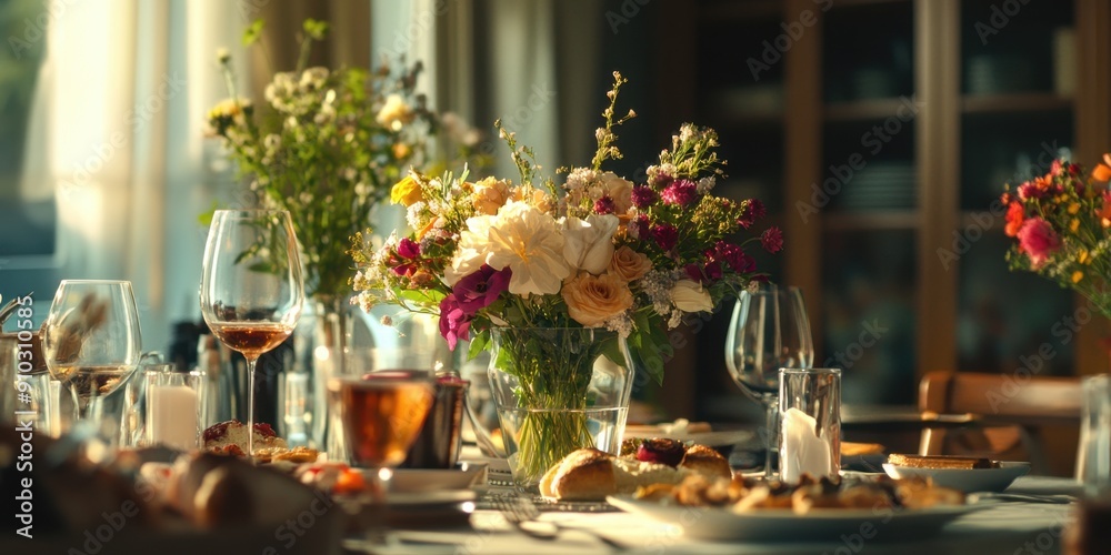 A beautifully set table with wine glasses and fresh flowers, perfect for special occasions or romantic dinners A beautifully set table with wine glasses and fresh flowers, perfect for special occasions or romantic dinners