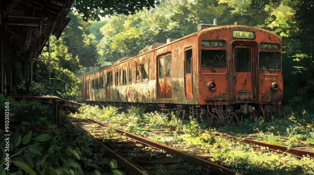 Whimsical anime illustration of an abandoned train, showcasing vibrant decay and lush surroundings. Whimsical anime illustration of an abandoned train, showcasing vibrant decay and lush surroundings.