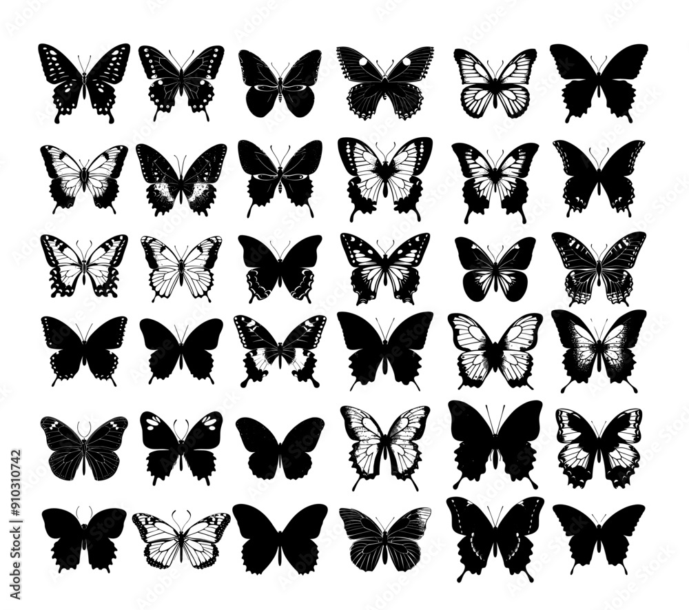 Obraz premium Butterfly silhouettes black ink vector concepts. Nature insects symmetrical wings flying bugs pollen variety species monochrome icons, isolated on white background