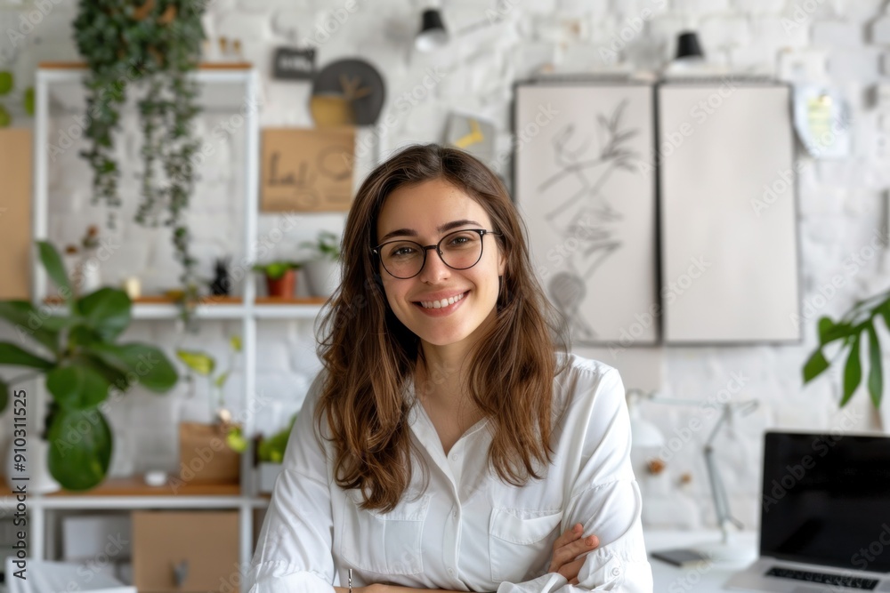 Beautiful young woman smiles at the camera while working in a modern office Beautiful young woman smiles at the camera while working in a modern office