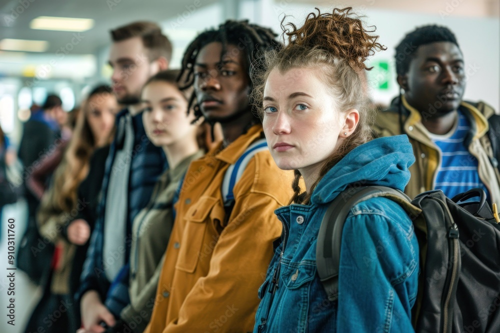 Group of serious boring young multi-ethnic people with bags Group of serious boring young multi-ethnic people with bags