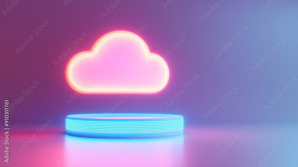 Futuristic neon cloud icon floating above a platform with a colorful gradient background, representing modern technology and digital innovation. Futuristic neon cloud icon floating above a platform with a colorful gradient background, representing modern technology and digital innovation.