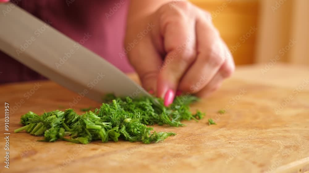 Finely chop the dill with a knife on a wooden board. Finely chop the dill with a knife on a wooden board.
