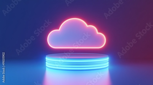 Futuristic neon cloud icon hovering over a glowing platform with blue and pink lighting, representing digital technology and cloud computing.