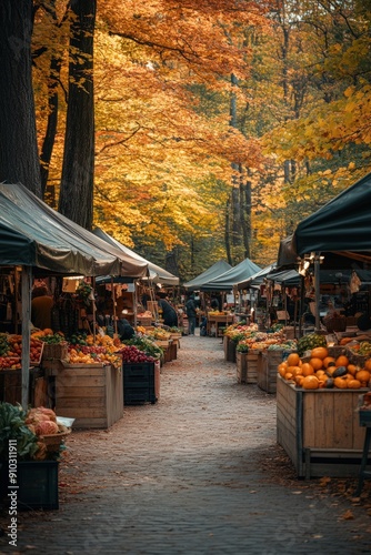 Vibrant Autumn Farmers Market with Fresh Produce and Colorful Foliage in a Forest Setting