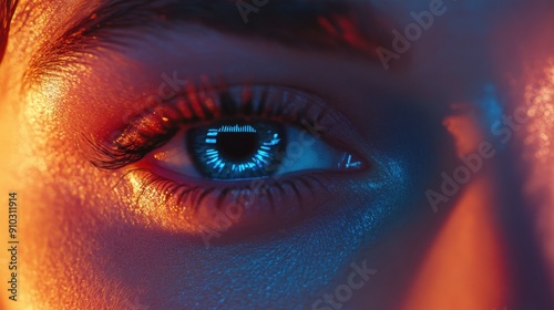 A detailed view of a person's blue eye with eyelashes and eyelid