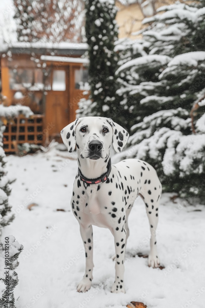 A white dog with black spots stands in the snow. The dog is wearing a collar and he is looking at the camera. The scene is peaceful and serene, with the snow covering the ground A white dog with black spots stands in the snow. The dog is wearing a collar and he is looking at the camera. The scene is peaceful and serene, with the snow covering the ground