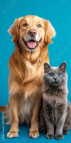 A dog and a cat are sitting next to each other on a blue surface