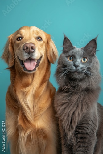 A dog and a cat are standing next to each other, with the dog looking at the camera and the cat looking away