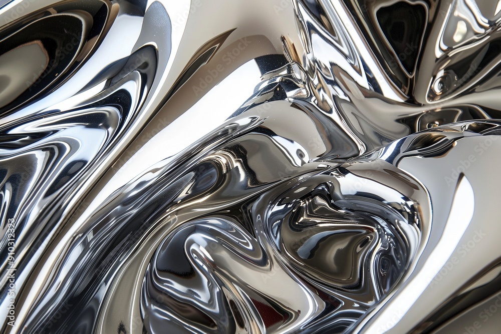A detailed close-up of a polished chrome surface, featuring distorted reflections that evoke luxury and modern design A detailed close-up of a polished chrome surface, featuring distorted reflections that evoke luxury and modern design