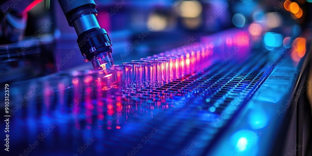Technology Laboratory with Robotic Arm and Purple Liquid Bottle