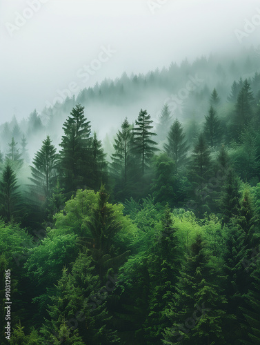 Dense Forest Covered in Mist with Tall Trees and Lush Greenery