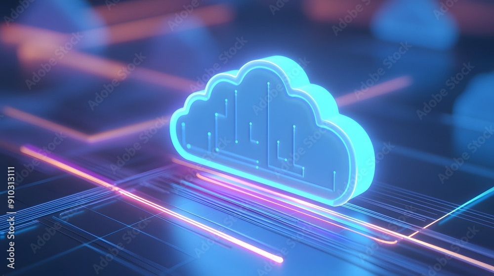 Futuristic neon cloud symbol on a digital circuit board, representing cloud technology and data management in a high-tech environment. Futuristic neon cloud symbol on a digital circuit board, representing cloud technology and data management in a high-tech environment.