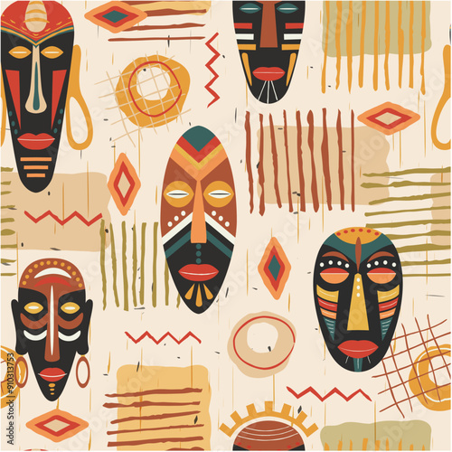 African tribal ethnic pattern, abstract seamless pattern with ornament and african masks