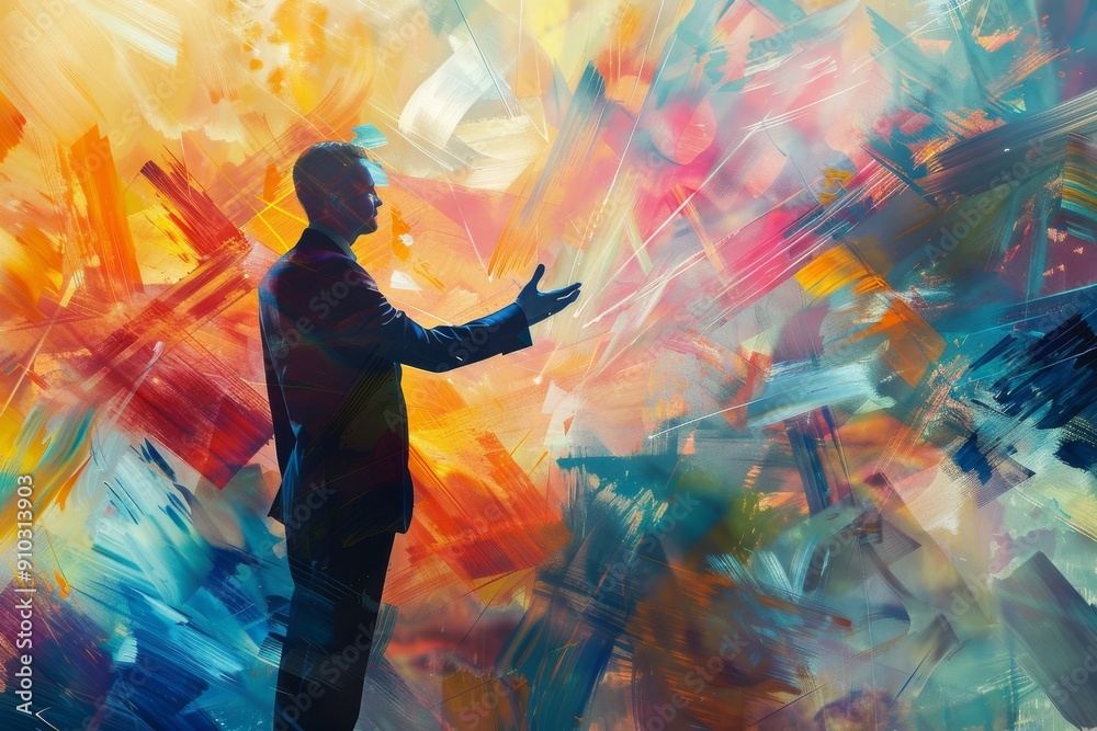 Fototapeta premium Businessman Silhouette Against Vibrant Abstract Background