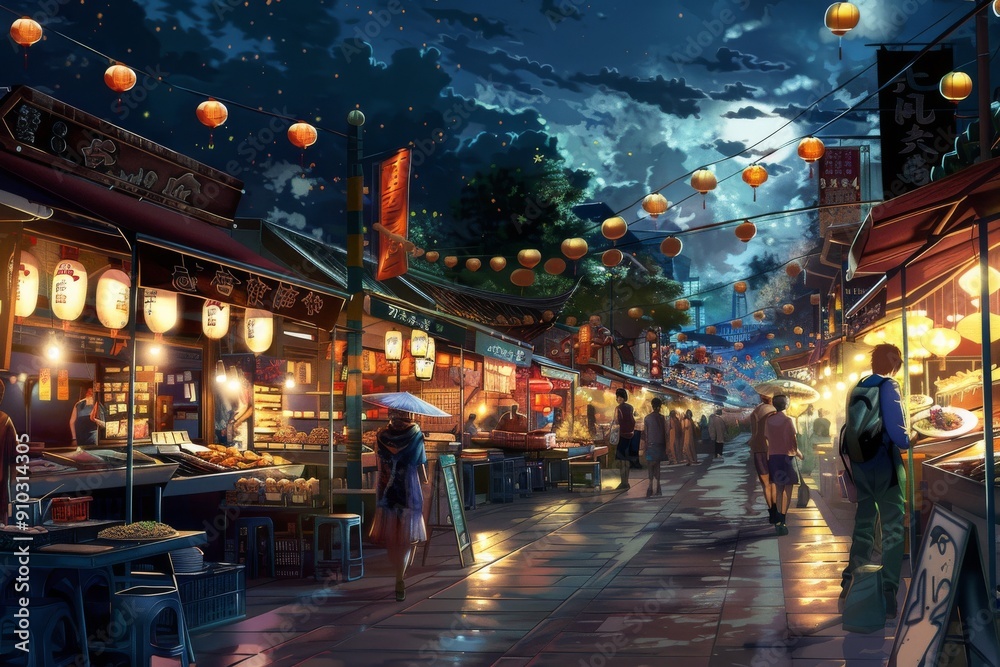 Fototapeta premium Nighttime scene of a bustling street market, with vendors selling goods and customers browsing, Illustrate the excitement of exploring a bustling night market. AI generated