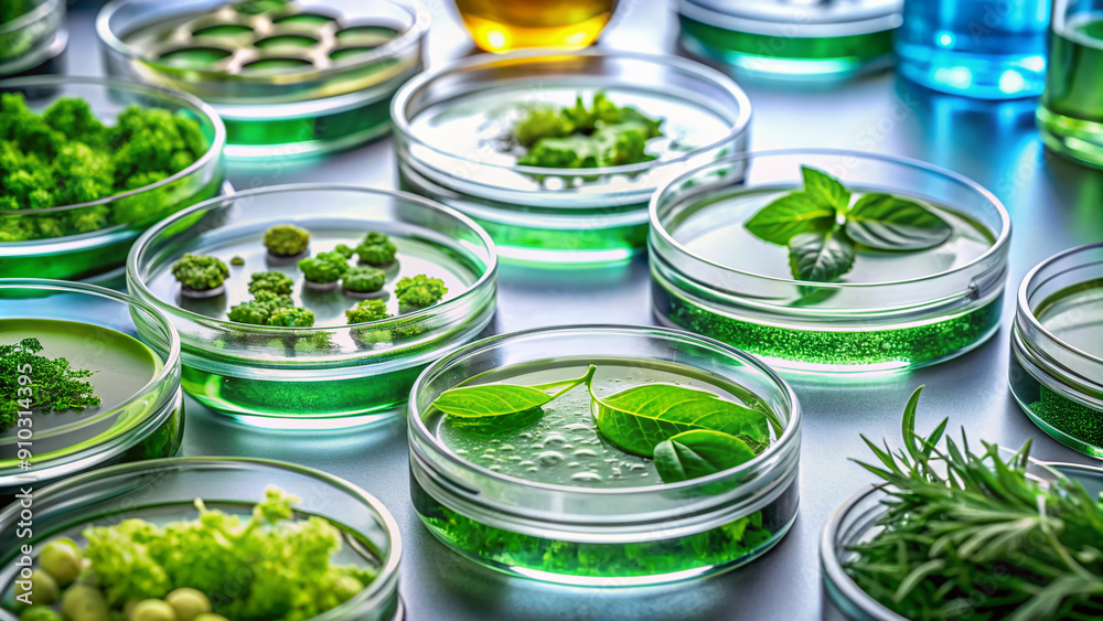 Microscopic view of various green herbal extracts and petri dishes with ...