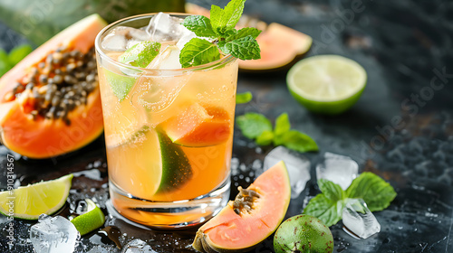 Refreshing papaya and lime cocktail with mint garnished on rustic background evokes summer vibes. 