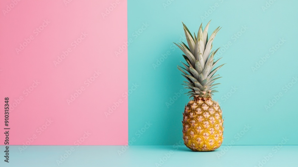 Single pineapple on pastel blue and pink background.