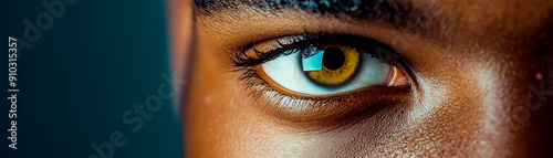 Close-up of a human eye showcasing vibrant colors, intricate details, and expressiveness against a soft blurred background. photo