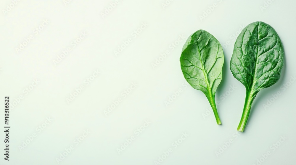 Two green spinach leaves on a light green background. Two green spinach leaves on a light green background.
