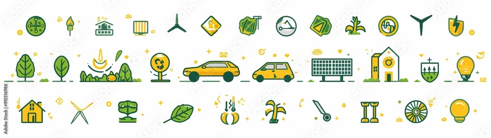Naklejka premium icons representing green energy, including solar panels, an electric car, a wind turbine