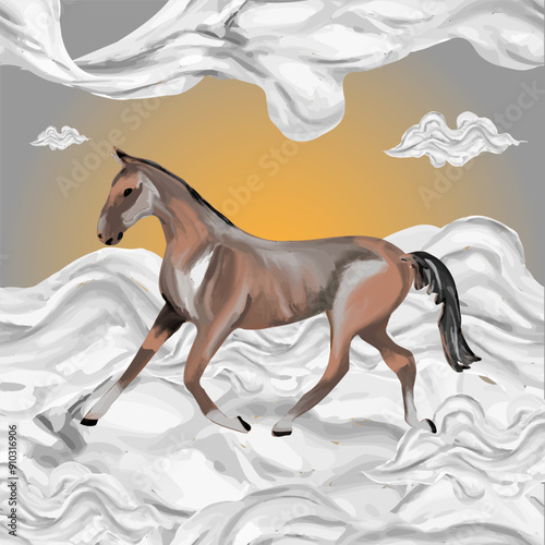 Brown horse on a  yellow and grey background
