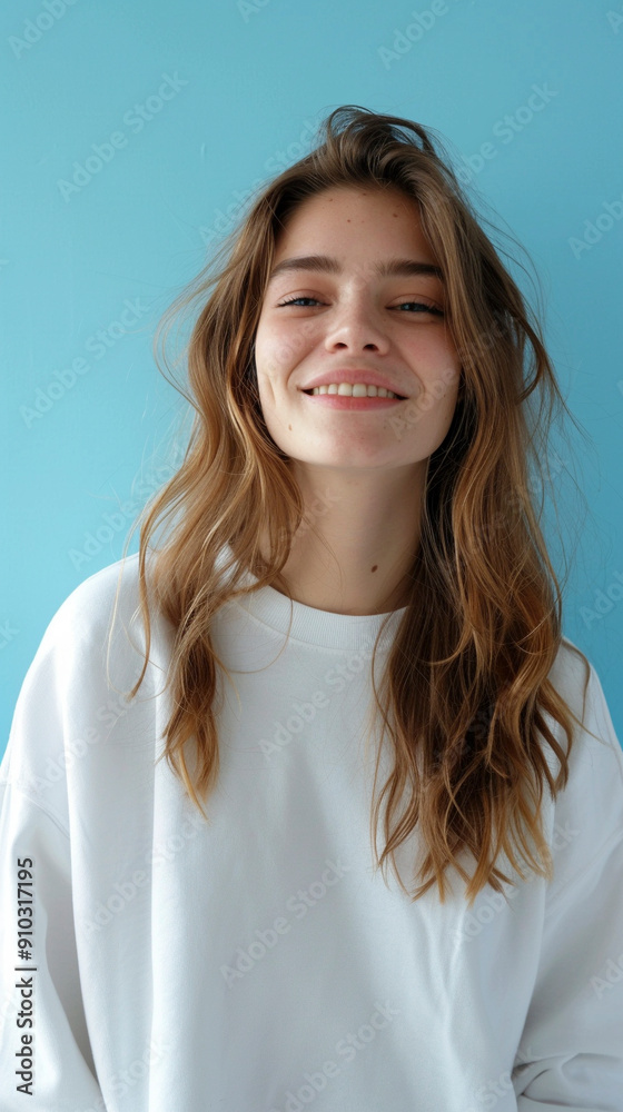 Happy woman isolated on pastel blue background Happy woman isolated on pastel blue background