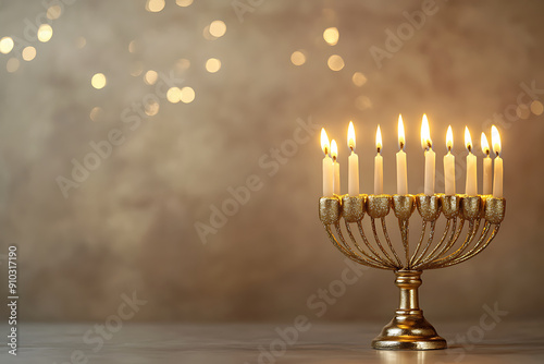 Hanukkiah Menorah candlelight during traditional celebration Hanukkah Jewish religion holiday symbol background