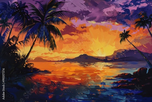 Depict the vibrant colors of a tropical sunset on a remote island. Ai generated
