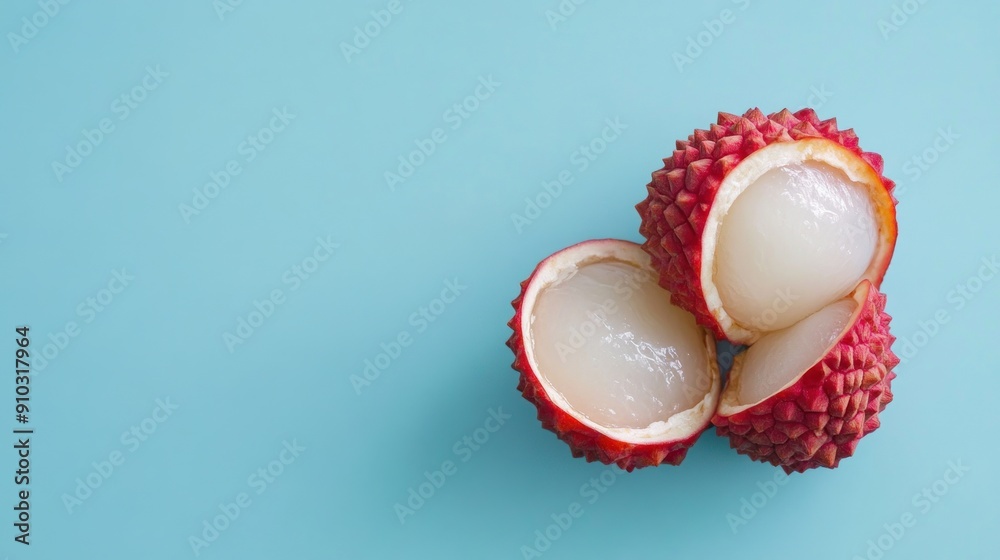 Three halved lychees on a light blue background. Three halved lychees on a light blue background.