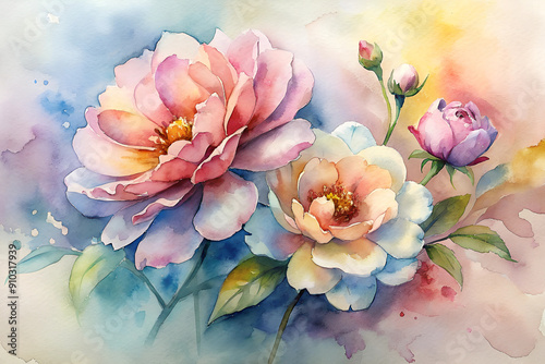 Beautiful delicate flowers in delicate colors in watercolor style
