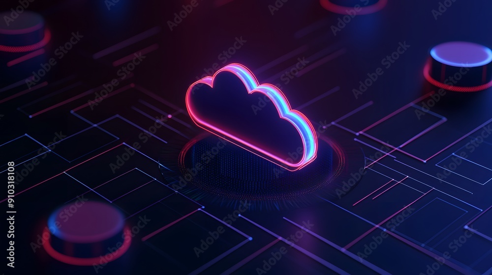 Neon cloud icon on a circuit board, representing cloud computing and futuristic technology concepts. Dark background, sci-fi vibes. Neon cloud icon on a circuit board, representing cloud computing and futuristic technology concepts. Dark background, sci-fi vibes.