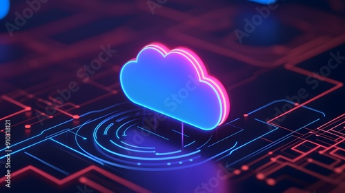 Neon cloud icon on a digital circuit board representing cloud computing technology and data storage solutions in modern tech.