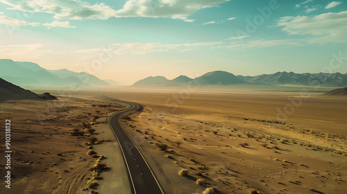 A winding road through a vast desert landscape with blue sky, brown sand, and green mountains. 