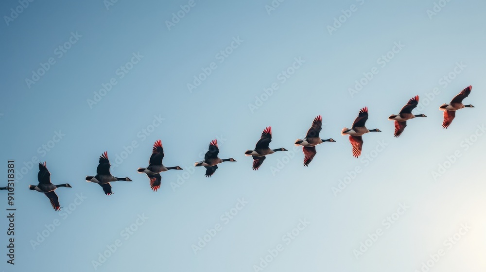 Flock of Canada Geese Flying in Formation. Flock of Canada Geese Flying in Formation.
