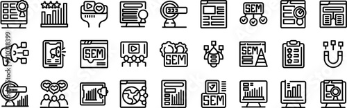 SEM icons set. Line icons representing a marketing team developing a successful search engine marketing - sem - campaign