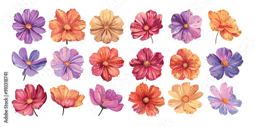 Dew touched cosmos blooms cartoon vector set. Petals blossom buds pink violet orange scarlet garden freshness botanical allure assortment natural isolated on white background
