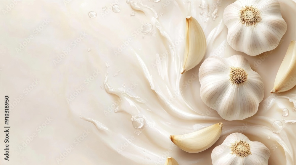 Fresh garlic cloves in a swirl of creamy white liquid. Fresh garlic cloves in a swirl of creamy white liquid.