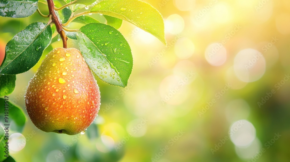 Dewy pear hanging from a branch with bokeh background. Dewy pear hanging from a branch with bokeh background.