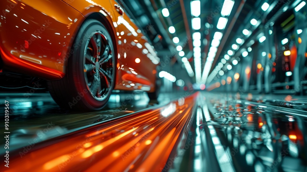 Orange Car on Conveyor Belt in Factory. Orange Car on Conveyor Belt in Factory.
