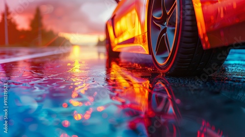 Red car driving through a puddle at sunset.