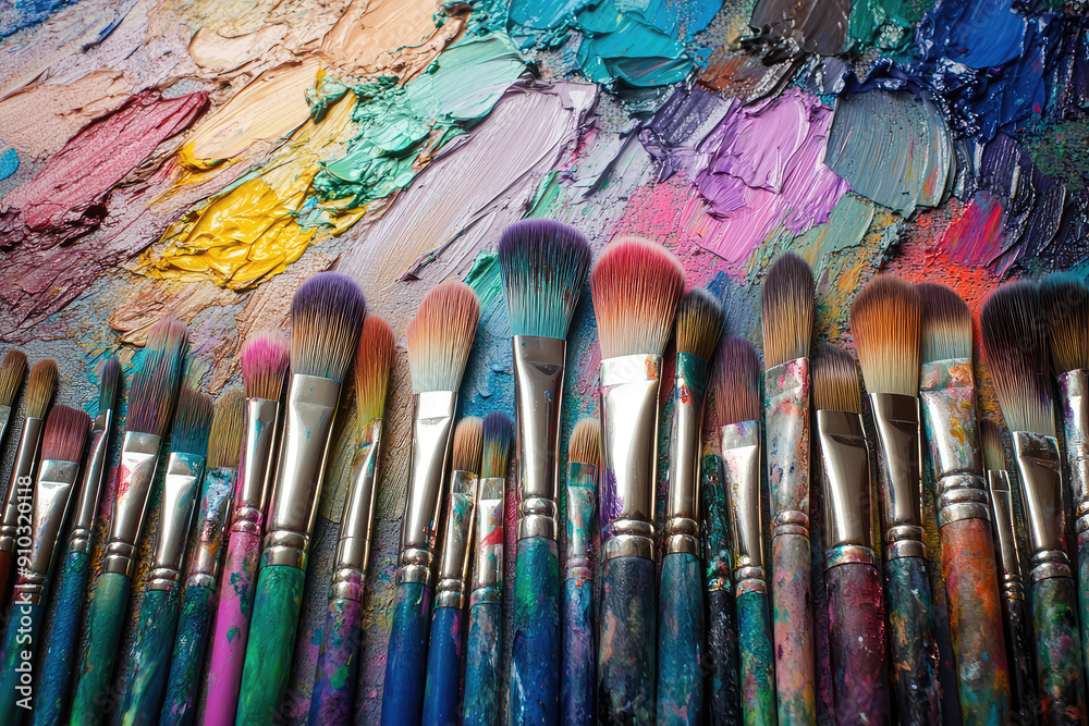 Fototapeta premium Fusion of Makeup and Art: Vivid Brushes Transforming Faces into Canvases