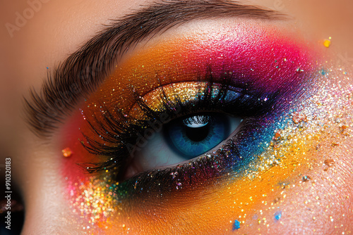 Dazzling Eye Makeup: A Vibrant Blend of Colors and Glitter for a Bold Look photo