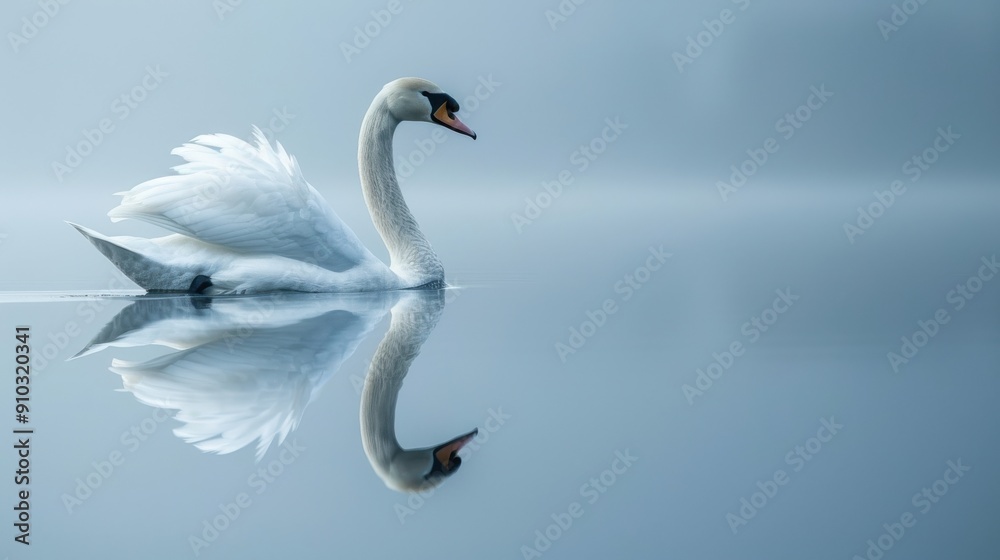 Swan Gliding on Serene Misty Lake. Swan Gliding on Serene Misty Lake.