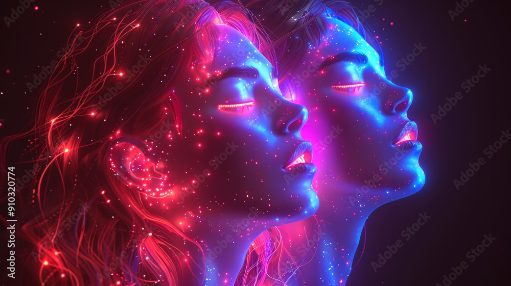 Holographic Twin Women in Neon Lights with Sparkling Effects in Fantasy Art Holographic Twin Women in Neon Lights with Sparkling Effects in Fantasy Art