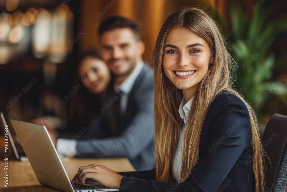 Portrait of a beautiful smiling businesswoman in a suit sitting at a table with a laptop and her team behind, looking at the camera, working on a project together. Portrait of a beautiful smiling businesswoman in a suit sitting at a table with a laptop and her team behind, looking at the camera, working on a project together.