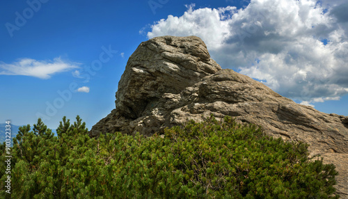 Mountain Eared Stone, Vukhatii rock. Great Rock, Carpathian Mountains, Monten...